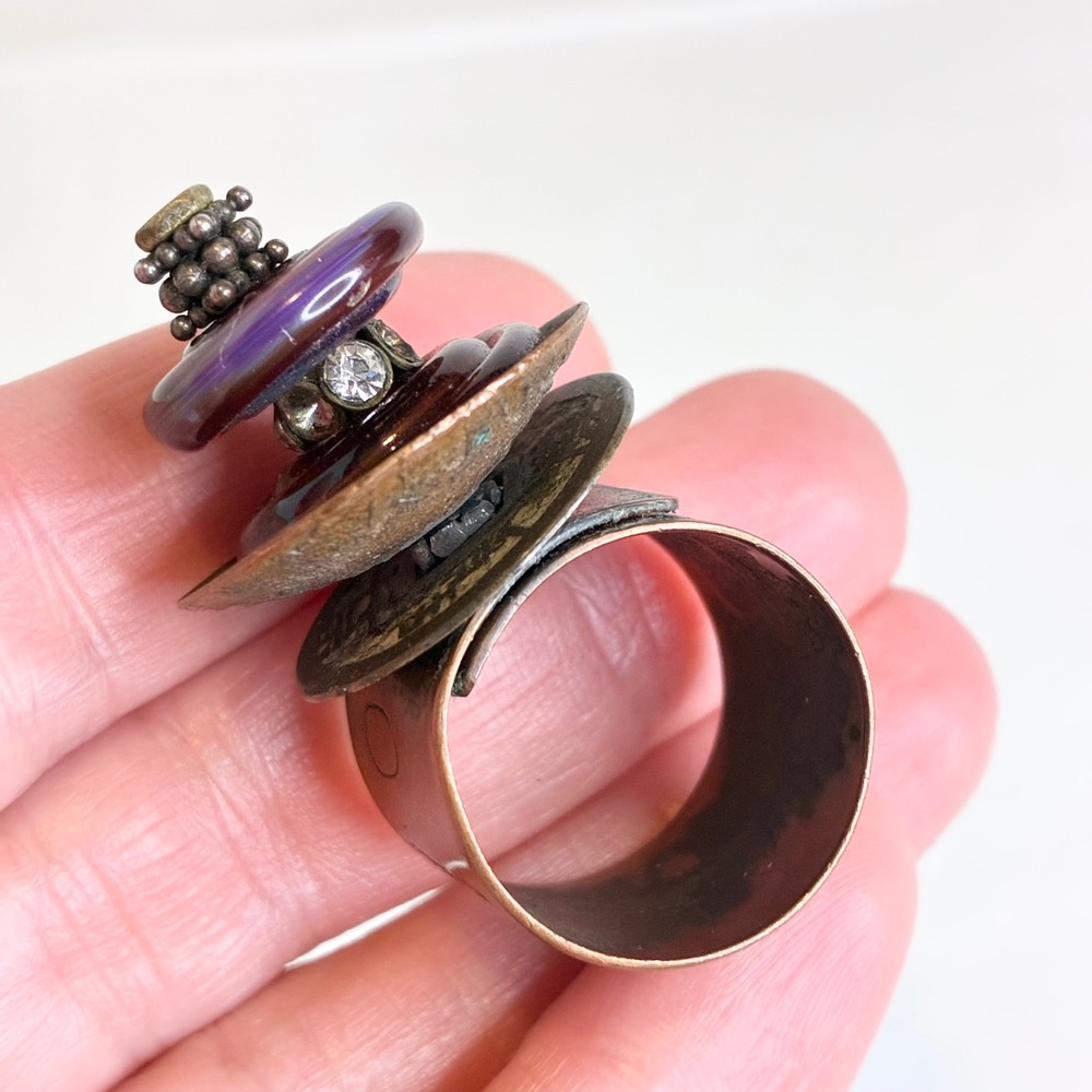 Vintage Artisan Ring Glass Copper Articulated Purple Tone Statement Size 9